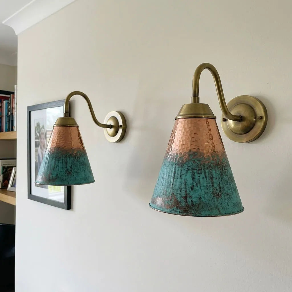 Pair of verdigris copper gooseneck wall sconces