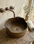 Rustic Brass Hammered Round Bathroom Sink, Aged Brass Vessel sink for bathroom