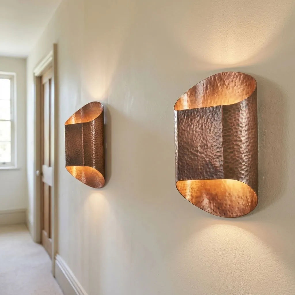 Hammered copper cylinder sconces casting warm light up and down a hallway wall