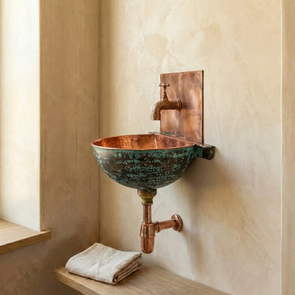 Green patina copper wall-mounted sink with copper faucet in a plaster bathroom niche