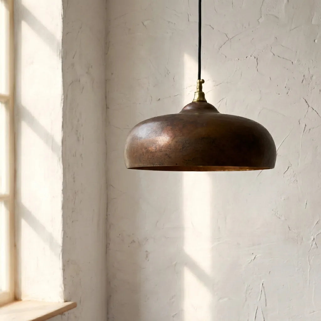 Vintage Rustic Patina Copper Pendant Light & Kitchen Island