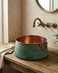 Bucket Vessel Sink Green patina Copper Bathroom Sink with Handles