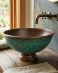 Handcrafted Hammered Copper Sink Vessel, Green Patina Round Countertop Basin