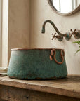 Bucket Vessel Sink Green patina Copper Bathroom Sink with Handles