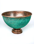 Handcrafted Hammered Copper Sink Vessel, Green Patina Round Countertop Basin