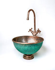 Handcrafted Hammered Copper Sink Vessel, Green Patina Round Countertop Basin