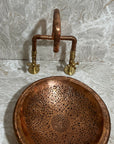 Round Copper drop-in bathroom sink, Handcrafted engraved copper sink