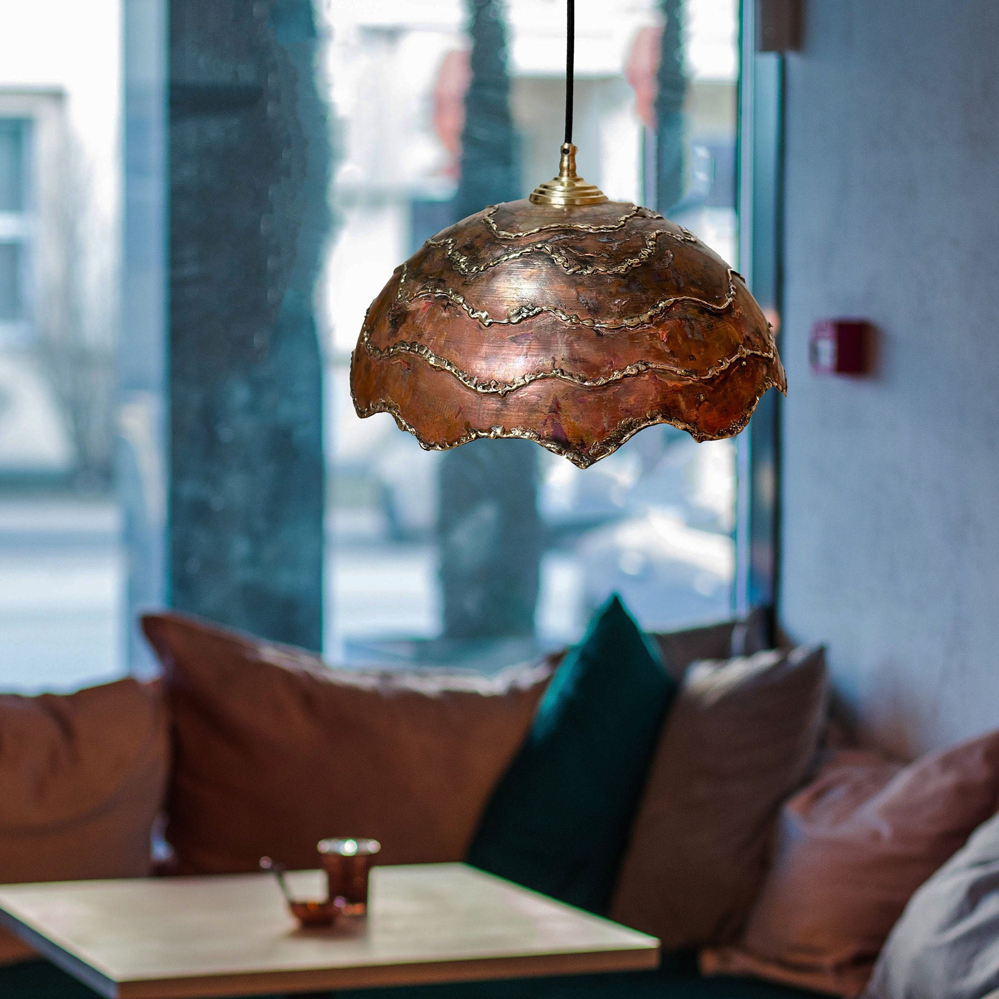 Rustic Copper pendant light - Farmhouse Copper Pendant Light with Brass lines