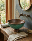 Handcrafted Hammered Copper Sink Vessel, Green Patina Round Countertop Basin