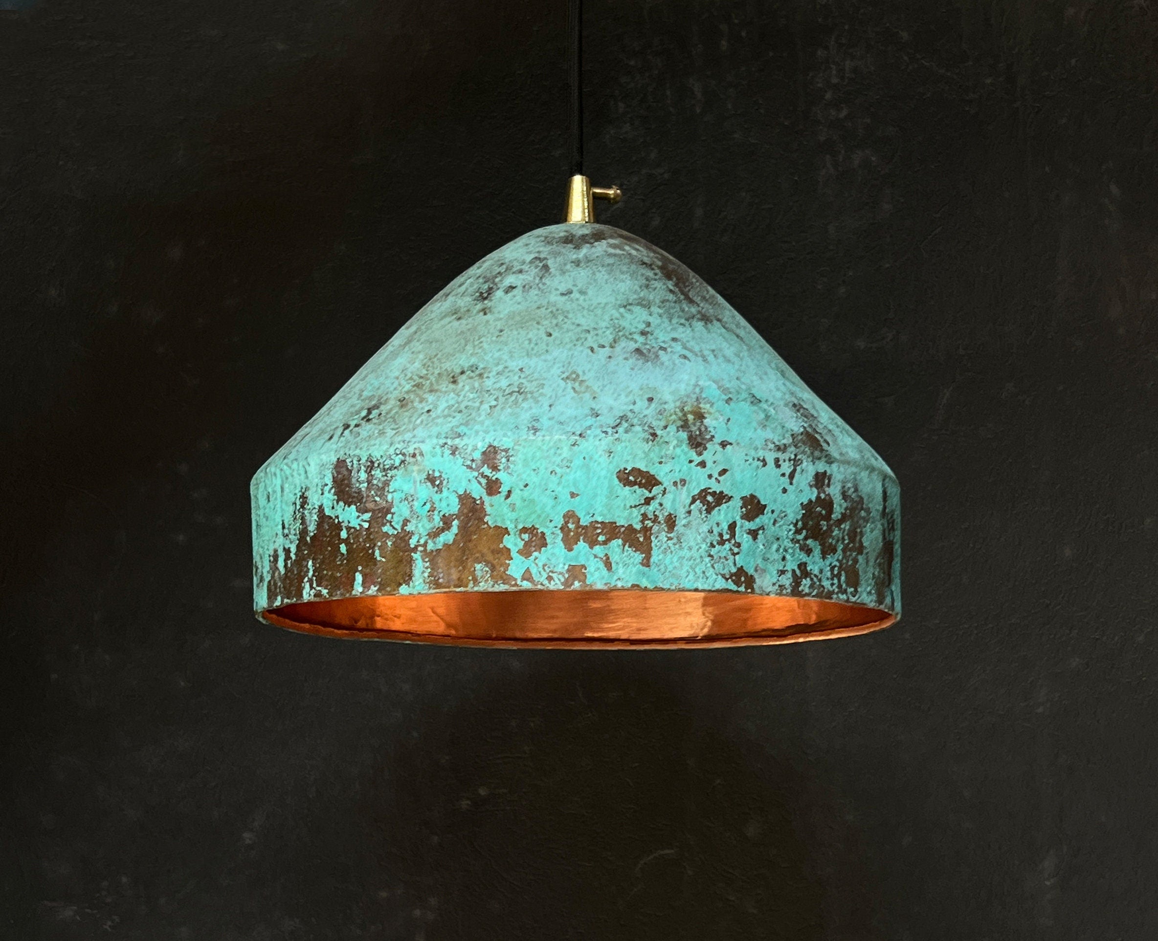 Oxidized Copper Pendant – Green Patina Island Light
