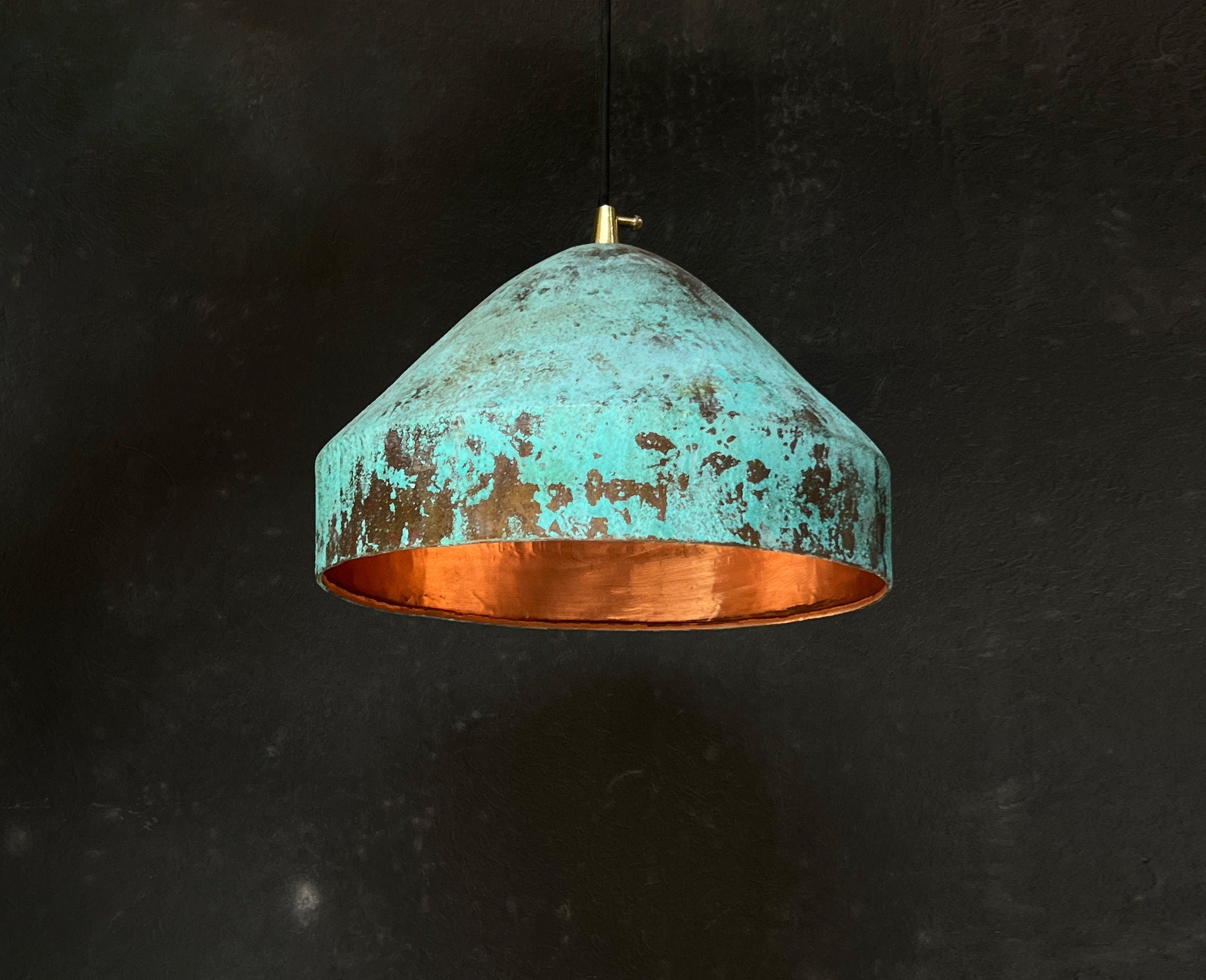 Oxidized Copper Pendant – Green Patina Island Light