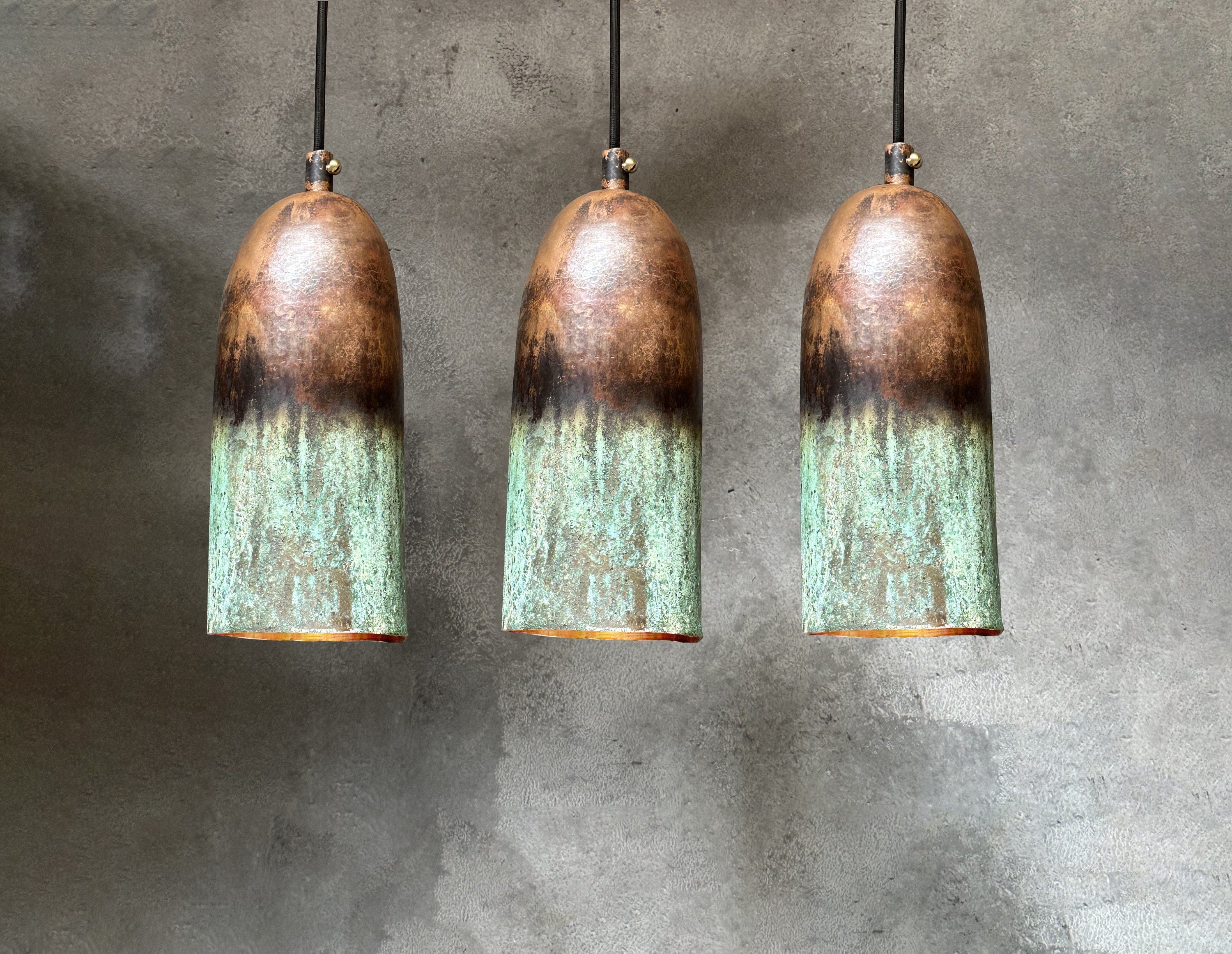 Set of 3 Copper Pendant Lights – Green Patina Finish