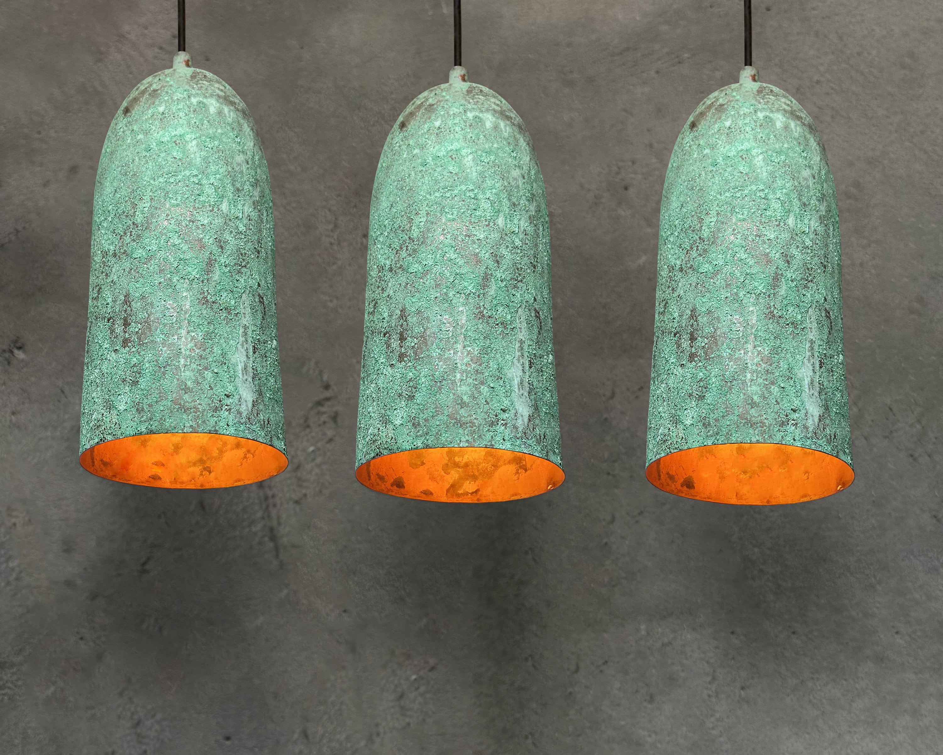 Set of 3 Green Patina Copper Pendant Lights, Farmhouse Hanging Lamps