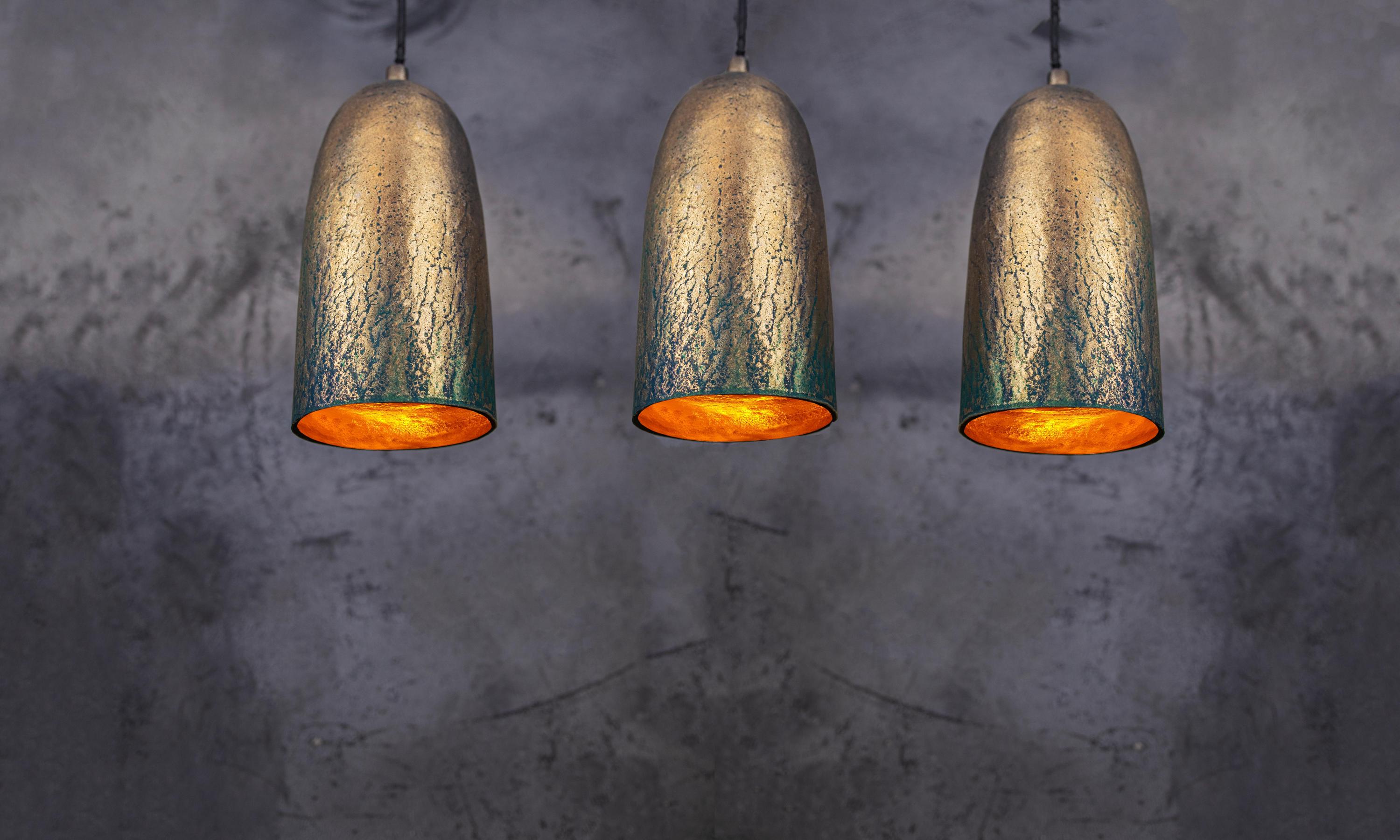 Set of 3 Copper Pendant Lights – Green Patina Farmhouse Style