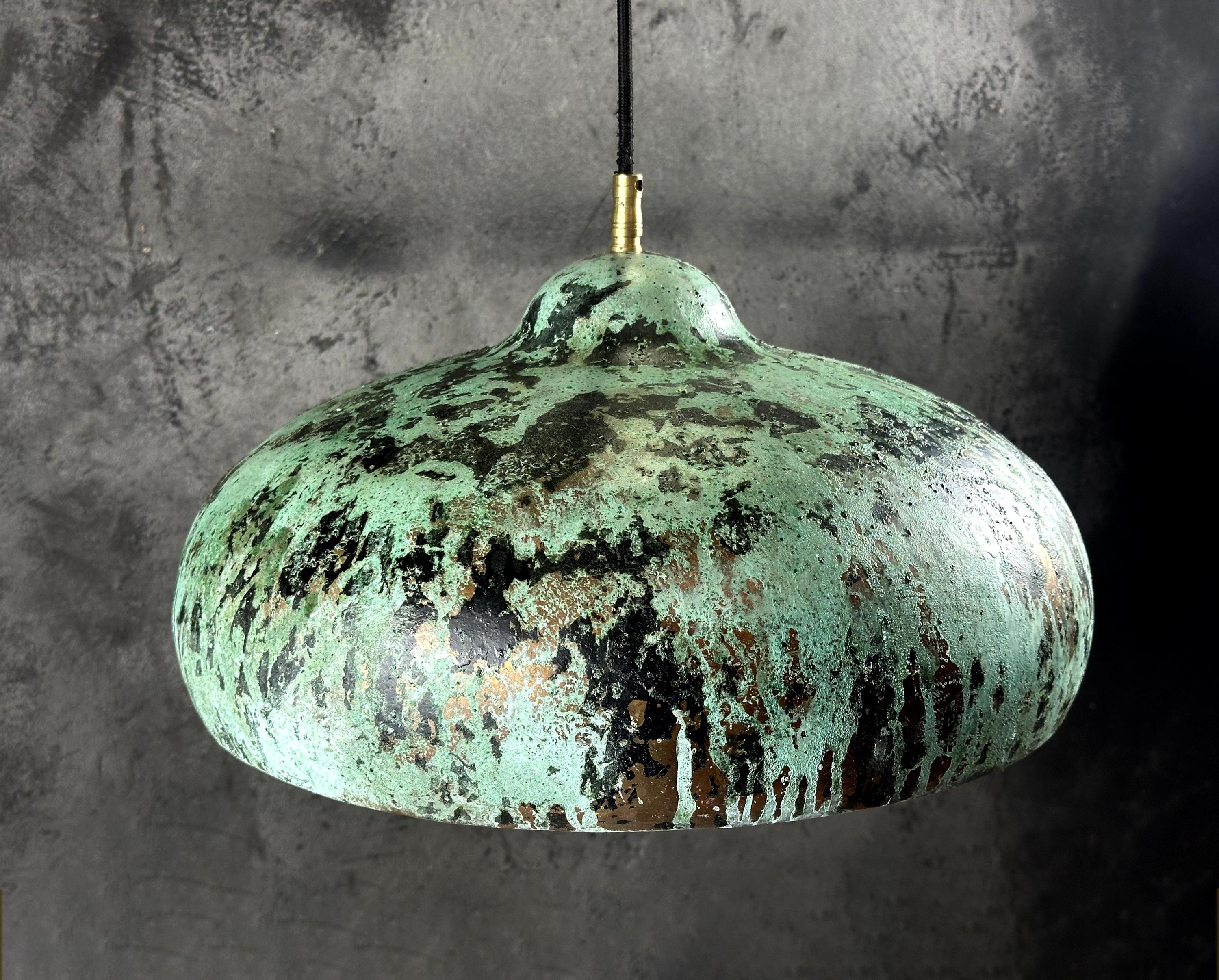 Oxidized Copper Pendant Light – Green Patina Kitchen Lamp