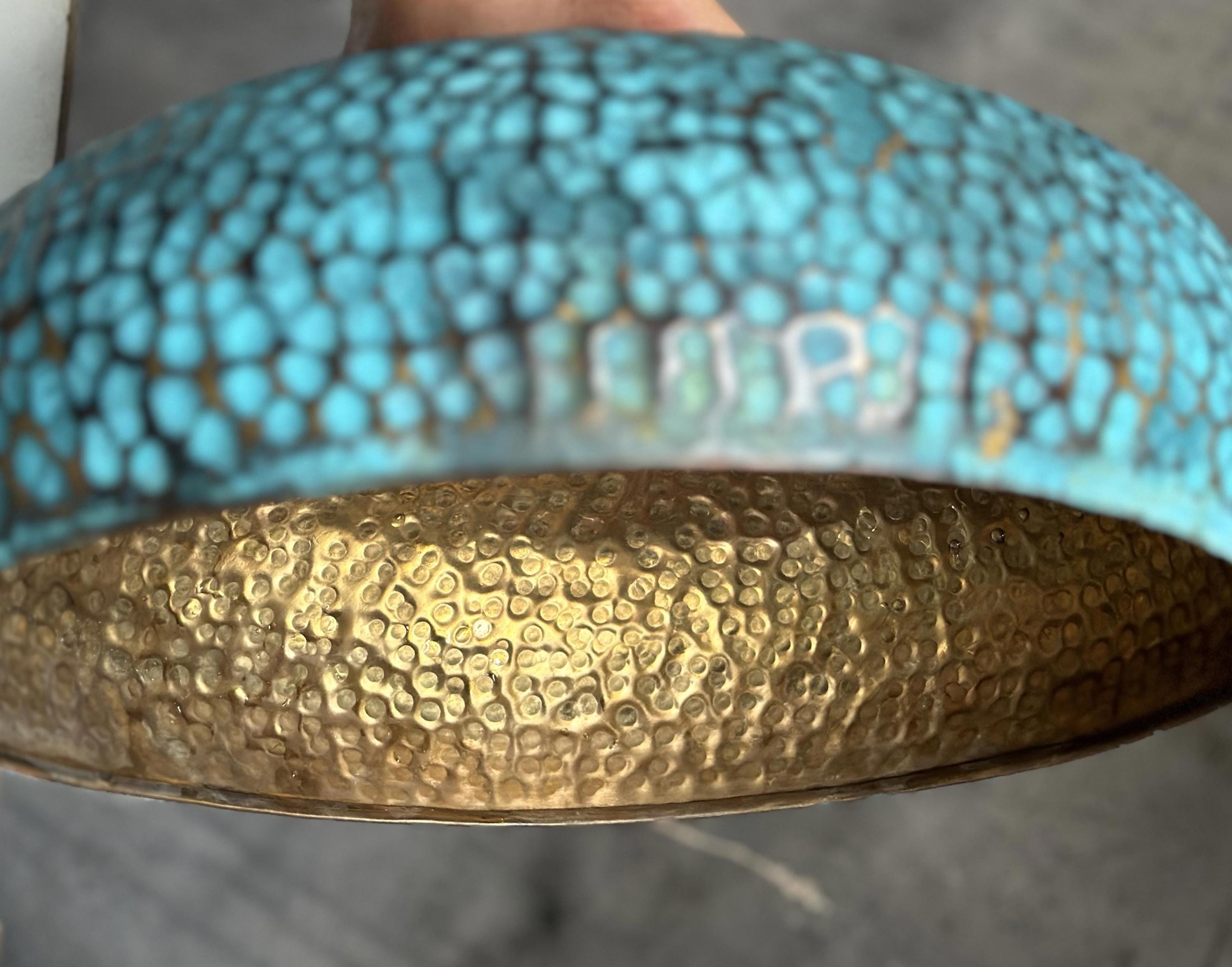 Blue Patina Brass Pendant Light , Hammered Blue Kitchen Island Lighting