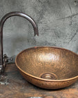 Rustic Hammered Copper Vessel Sink , Handcrafted Round Copper Sink Bathroom