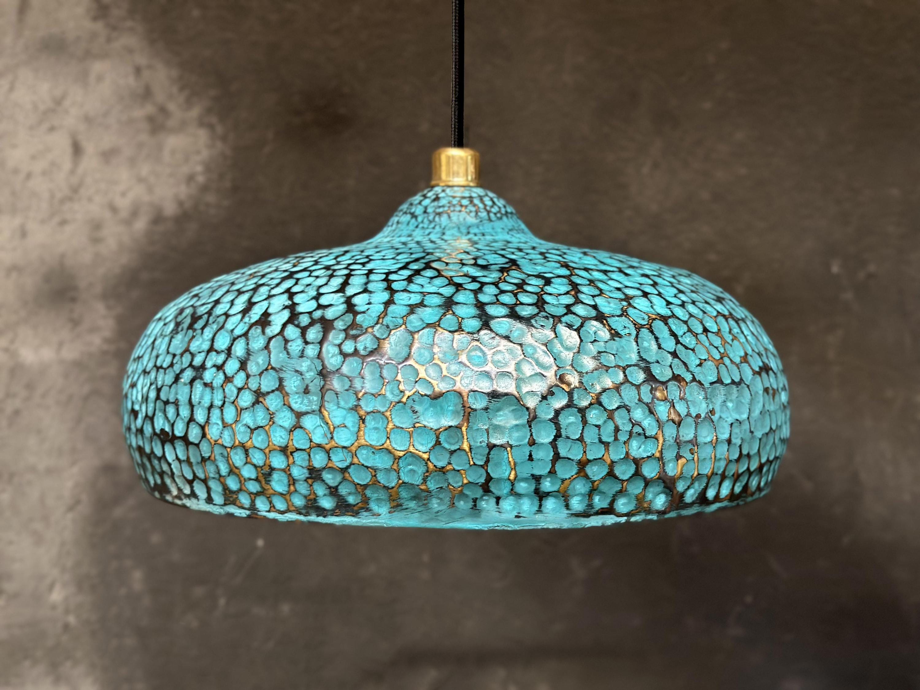 Blue Patina Brass Pendant Light , Hammered Blue Kitchen Island Lighting