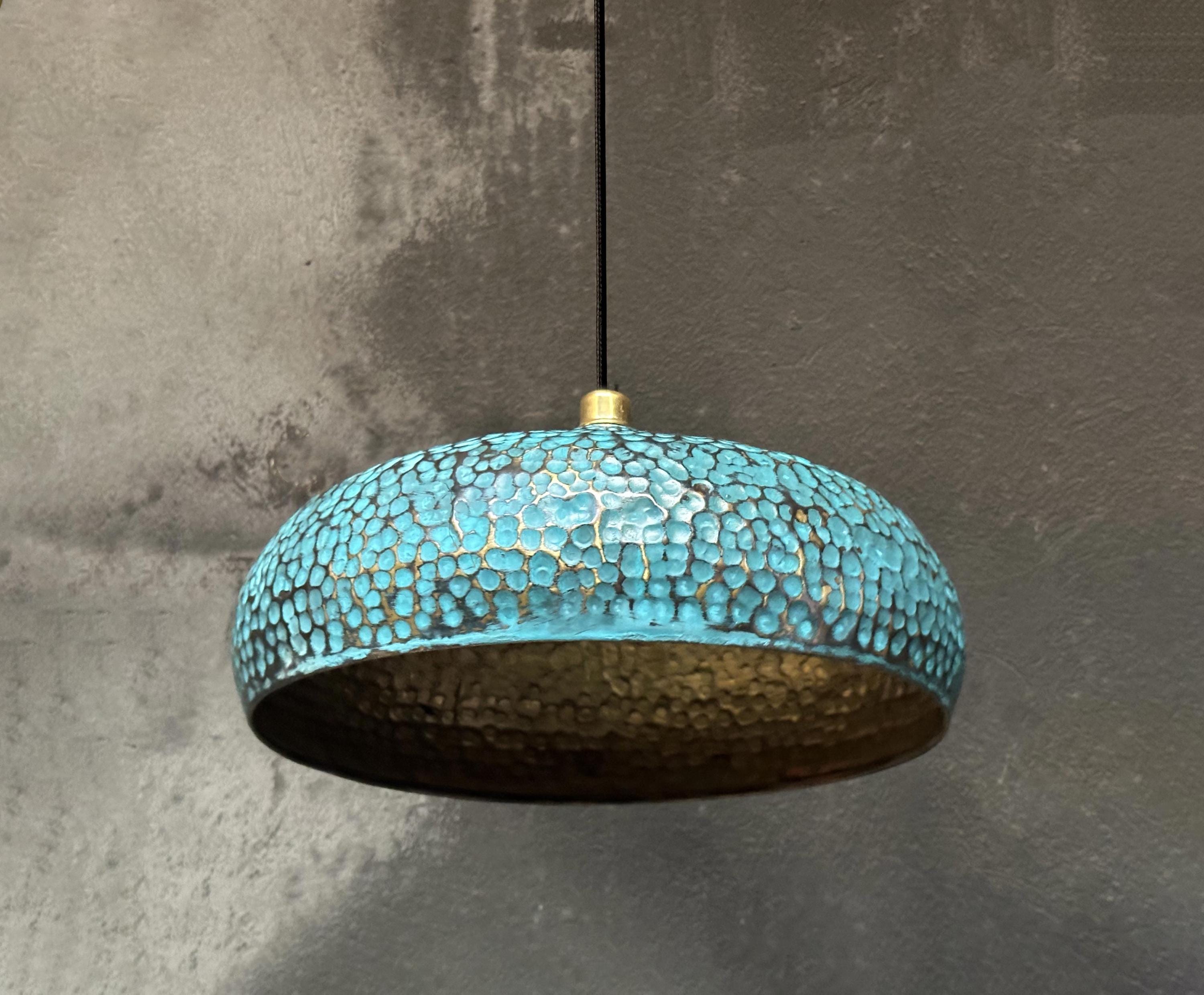 Blue Patina Brass Pendant Light , Hammered Blue Kitchen Island Lighting