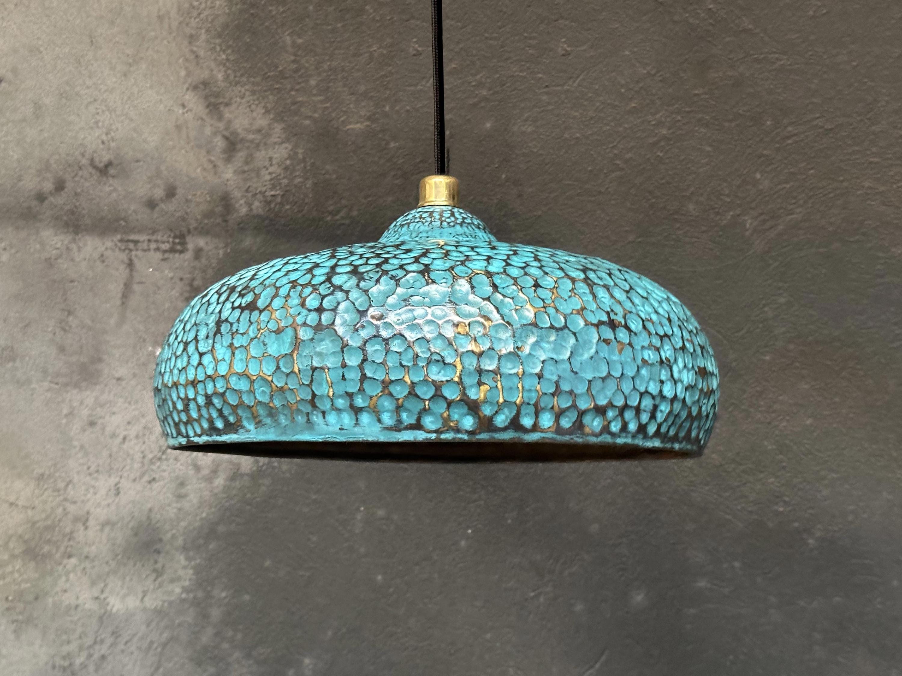Blue Patina Brass Pendant Light , Hammered Blue Kitchen Island Lighting