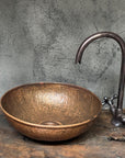 Rustic Hammered Copper Vessel Sink , Handcrafted Round Copper Sink Bathroom