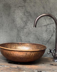 Rustic Hammered Copper Vessel Sink , Handcrafted Round Copper Sink Bathroom