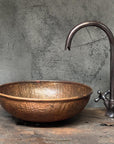 Rustic Hammered Copper Vessel Sink , Handcrafted Round Copper Sink Bathroom