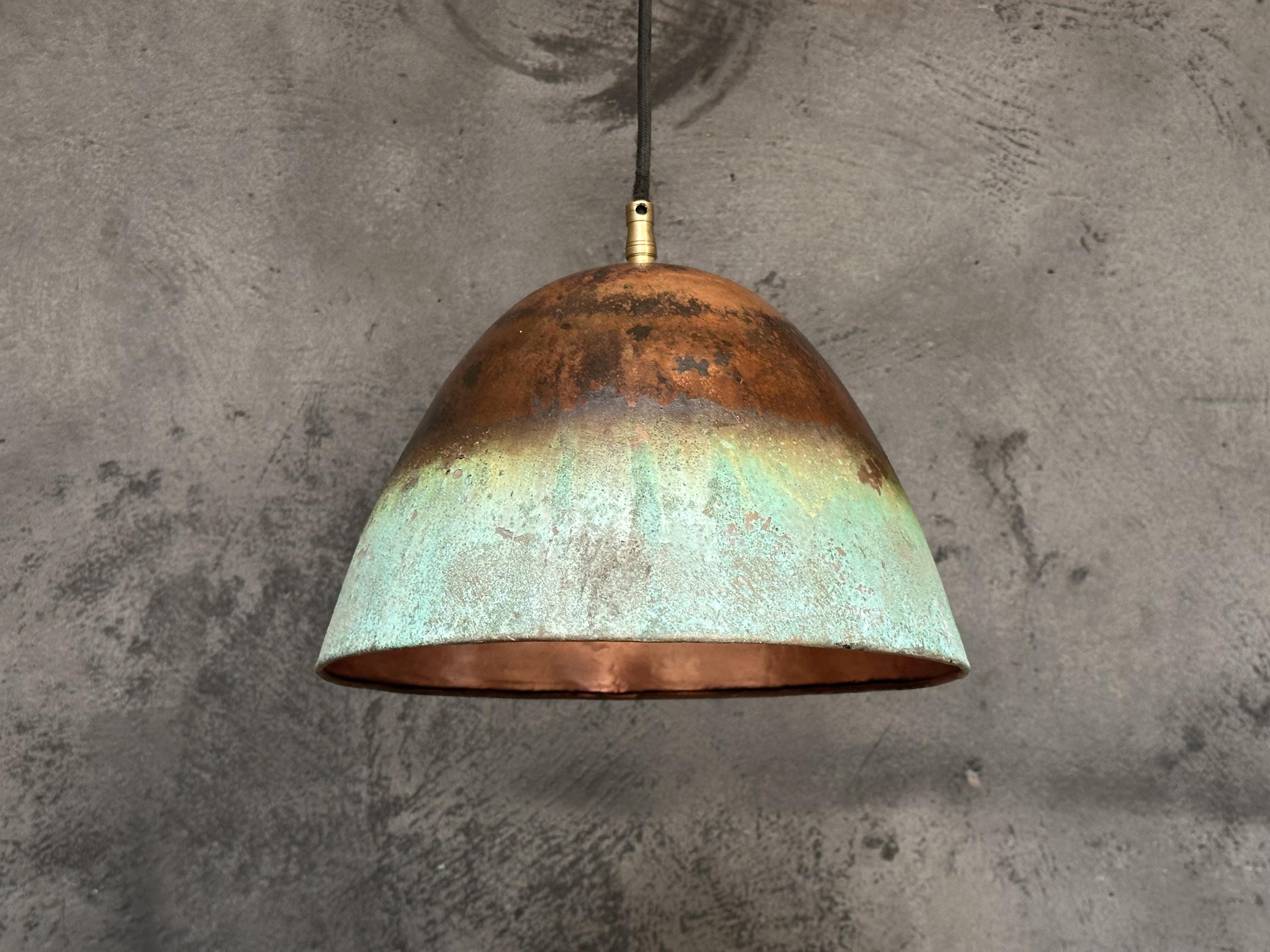 Green Patina Copper Pendant Light Kitchen,  Hammered Vintage Copper Light Fixture, Farmhouse Copper Lamp