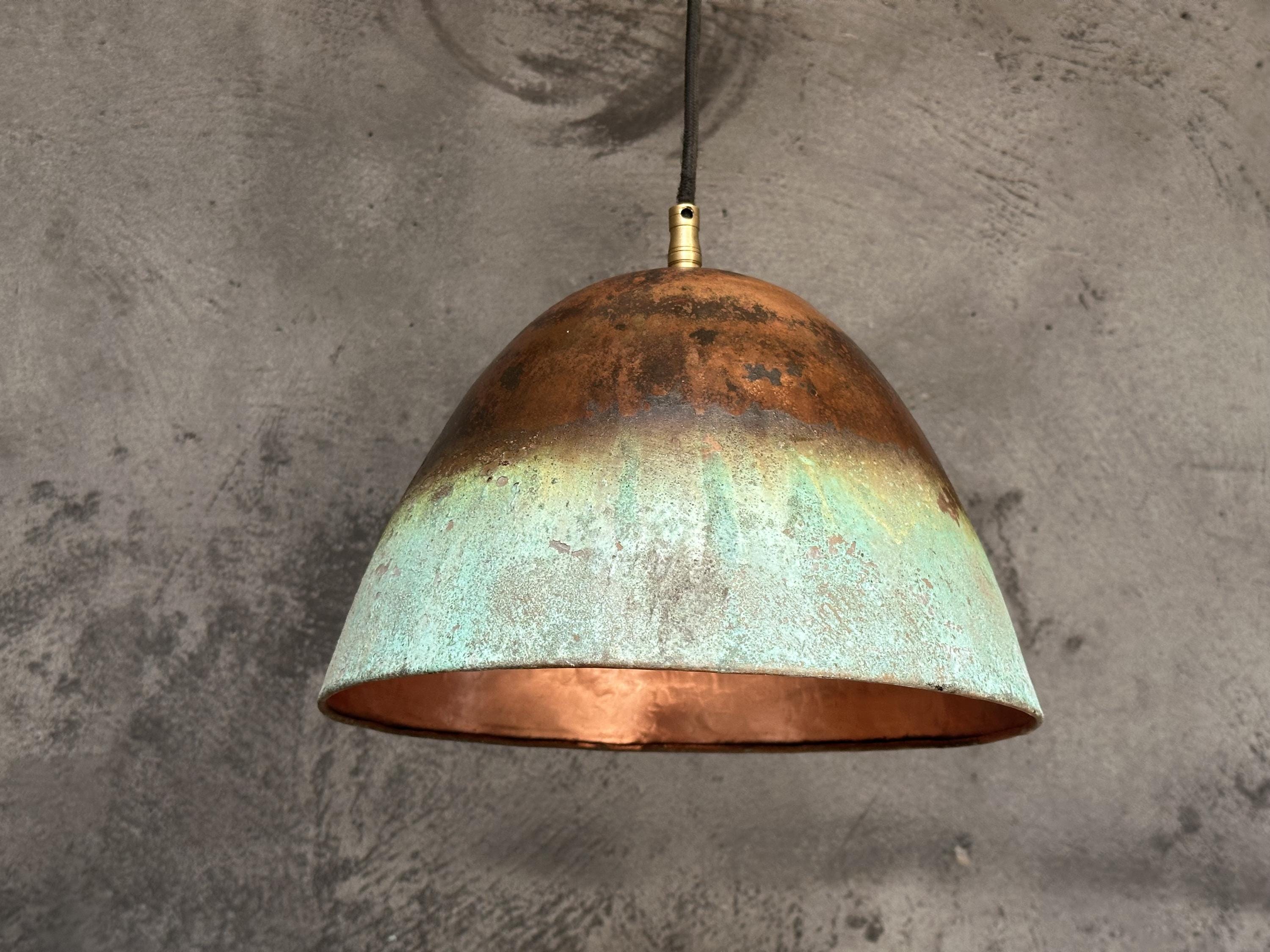 Green Patina Copper Pendant Light Kitchen,  Hammered Vintage Copper Light Fixture, Farmhouse Copper Lamp