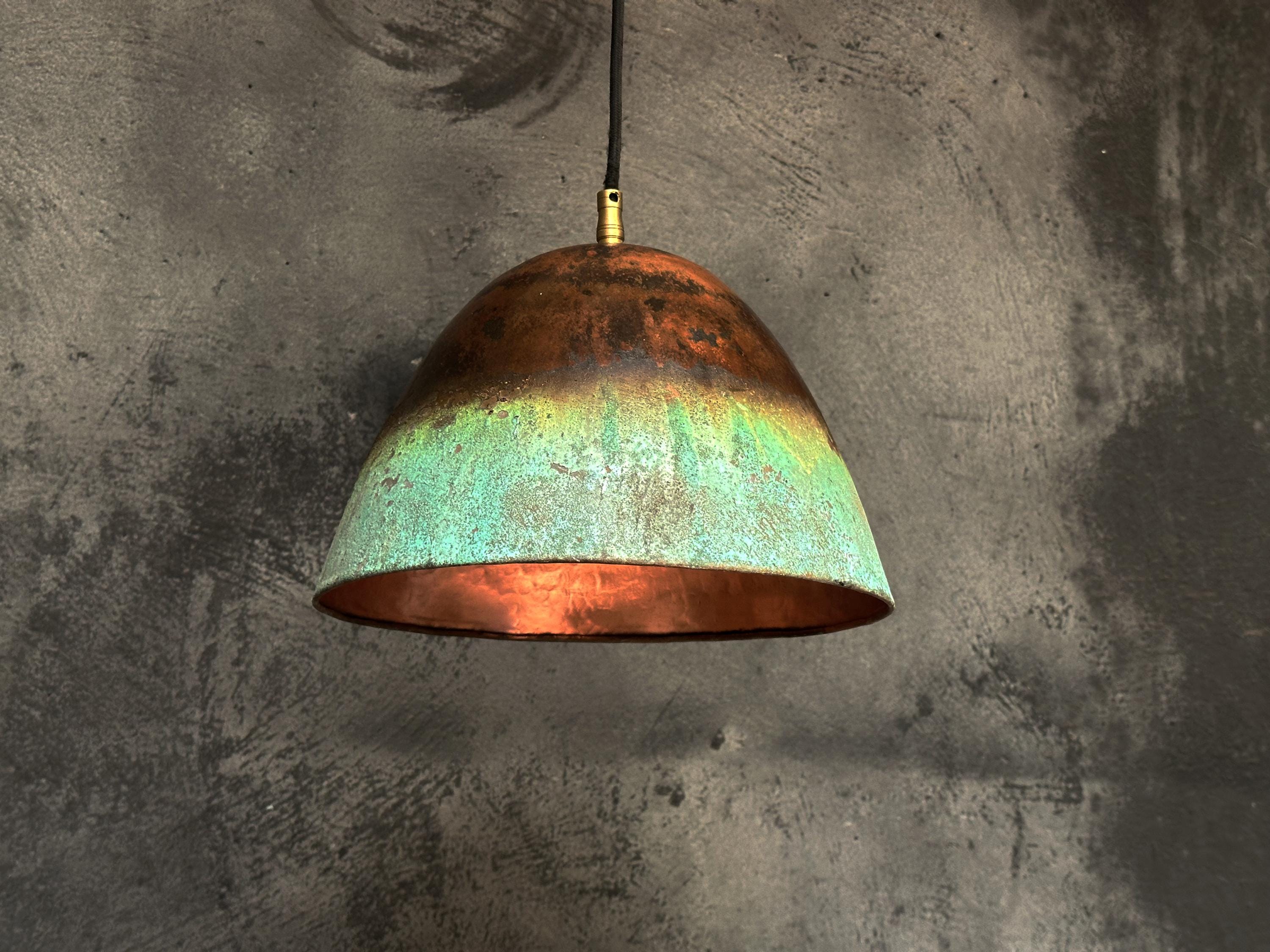 Green Patina Copper Pendant Light Kitchen,  Hammered Vintage Copper Light Fixture, Farmhouse Copper Lamp