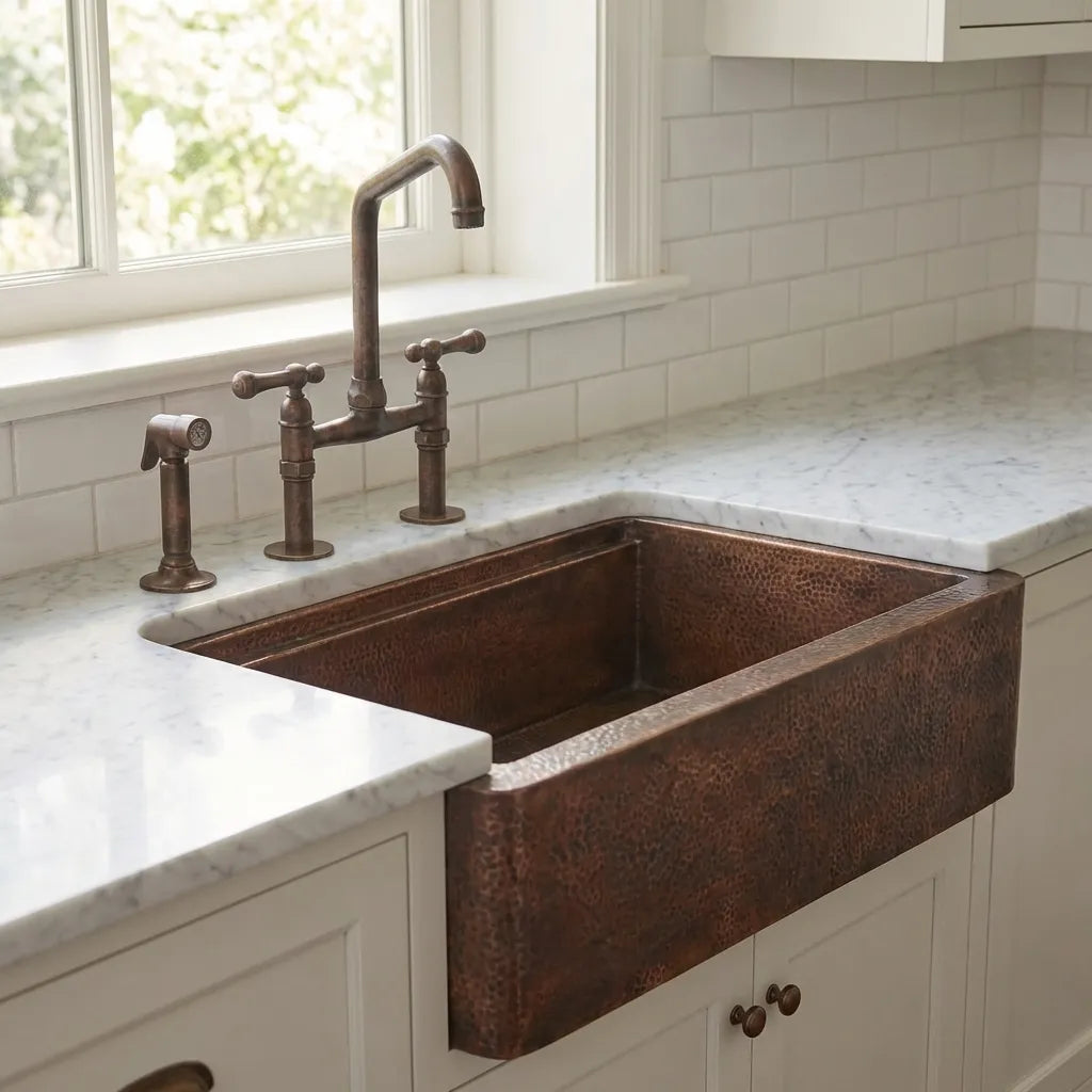 Aged Copper Patina farmhouse sink with flat grid