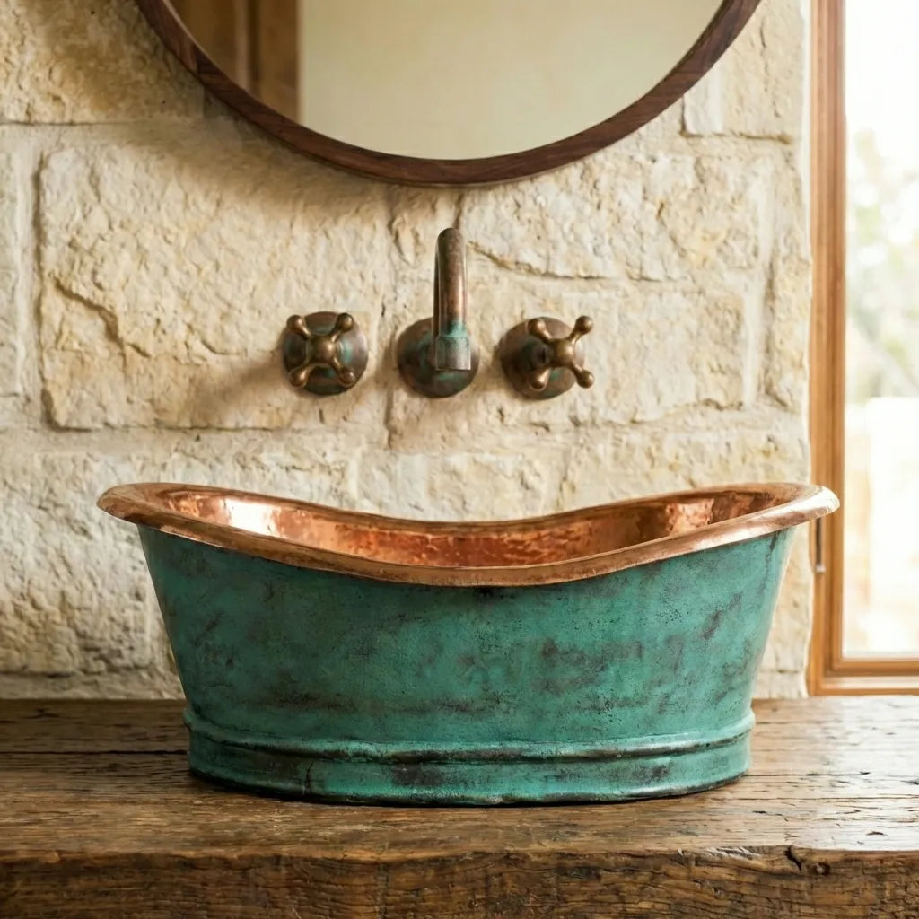 Aged Copper Vessel Sink Tub Style, Oxidized Copper Sink Bathroom