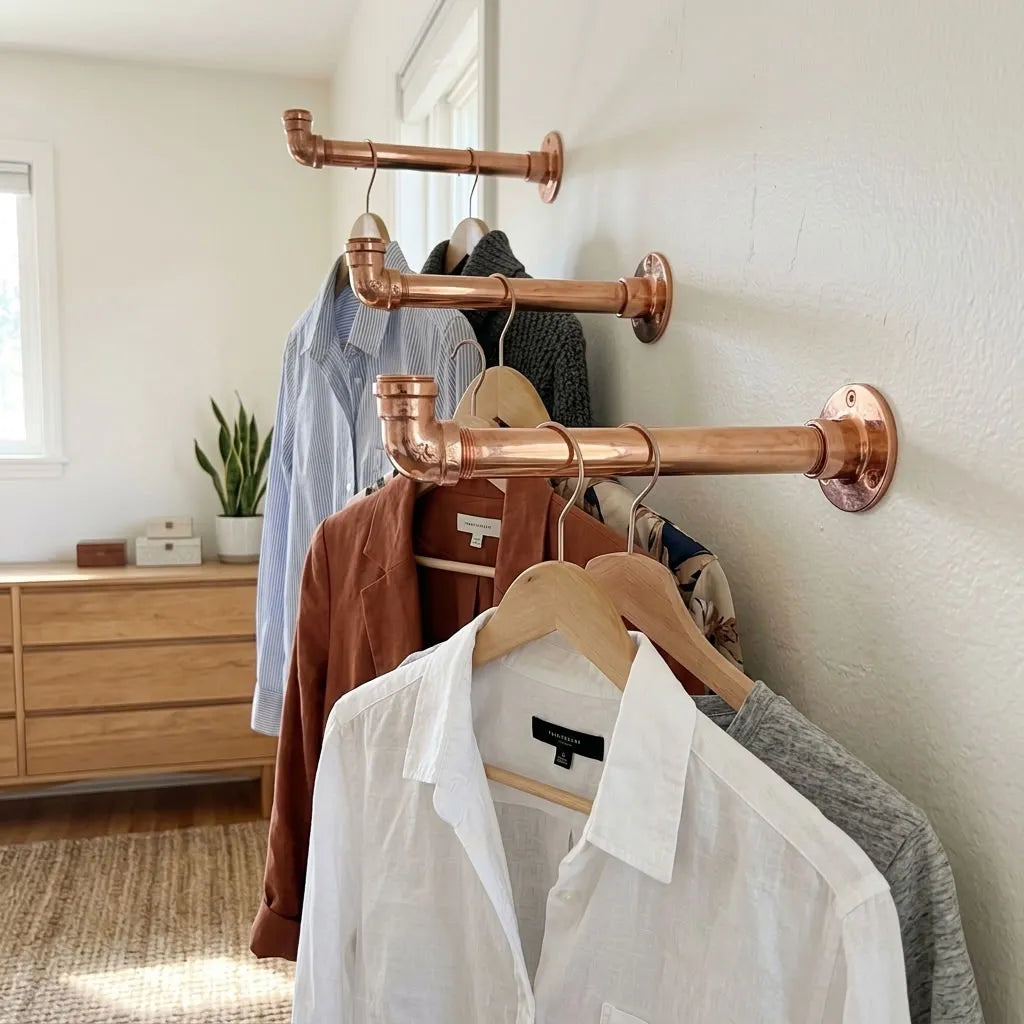 Shiny Copper Wall-Mounted Clothes Rail with Shelf