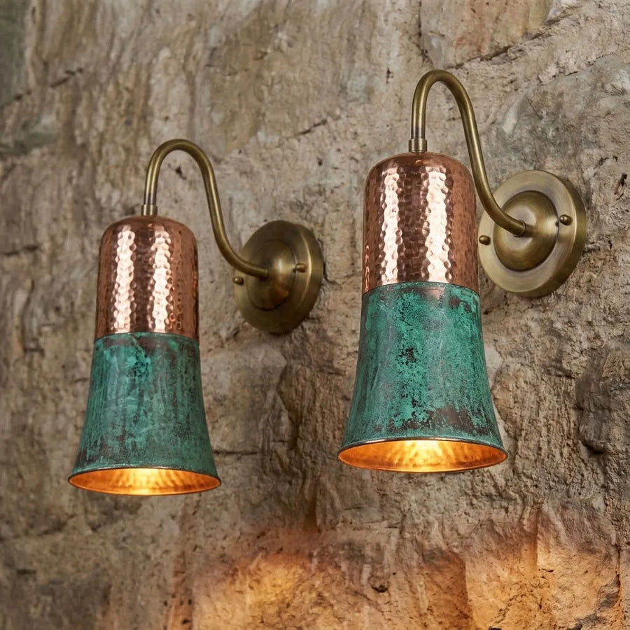 Pair of Verdigris Copper Cylinder Wall Sconces