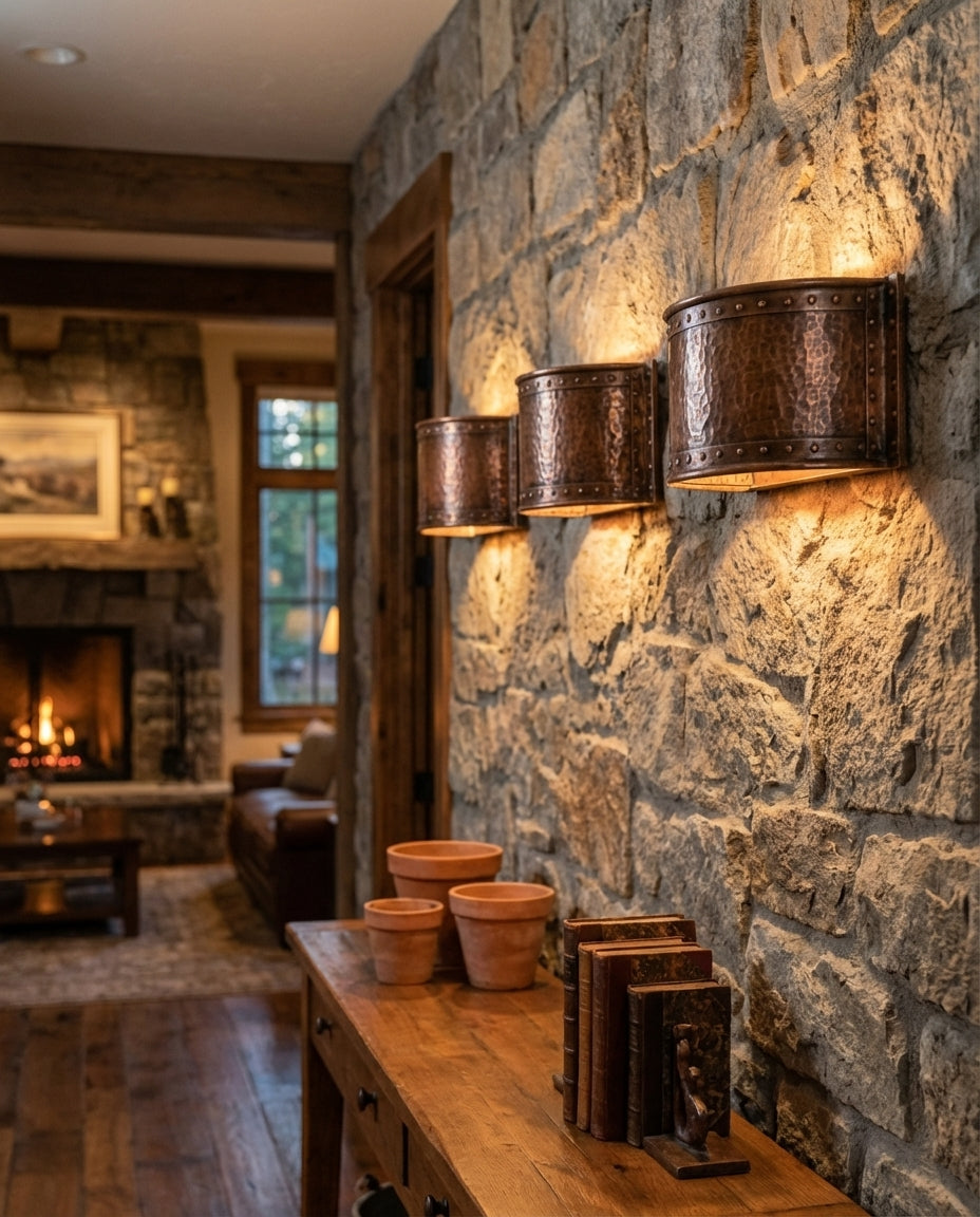 Three riveted hammered copper wall sconces lighting a stone wall beside a fireplace