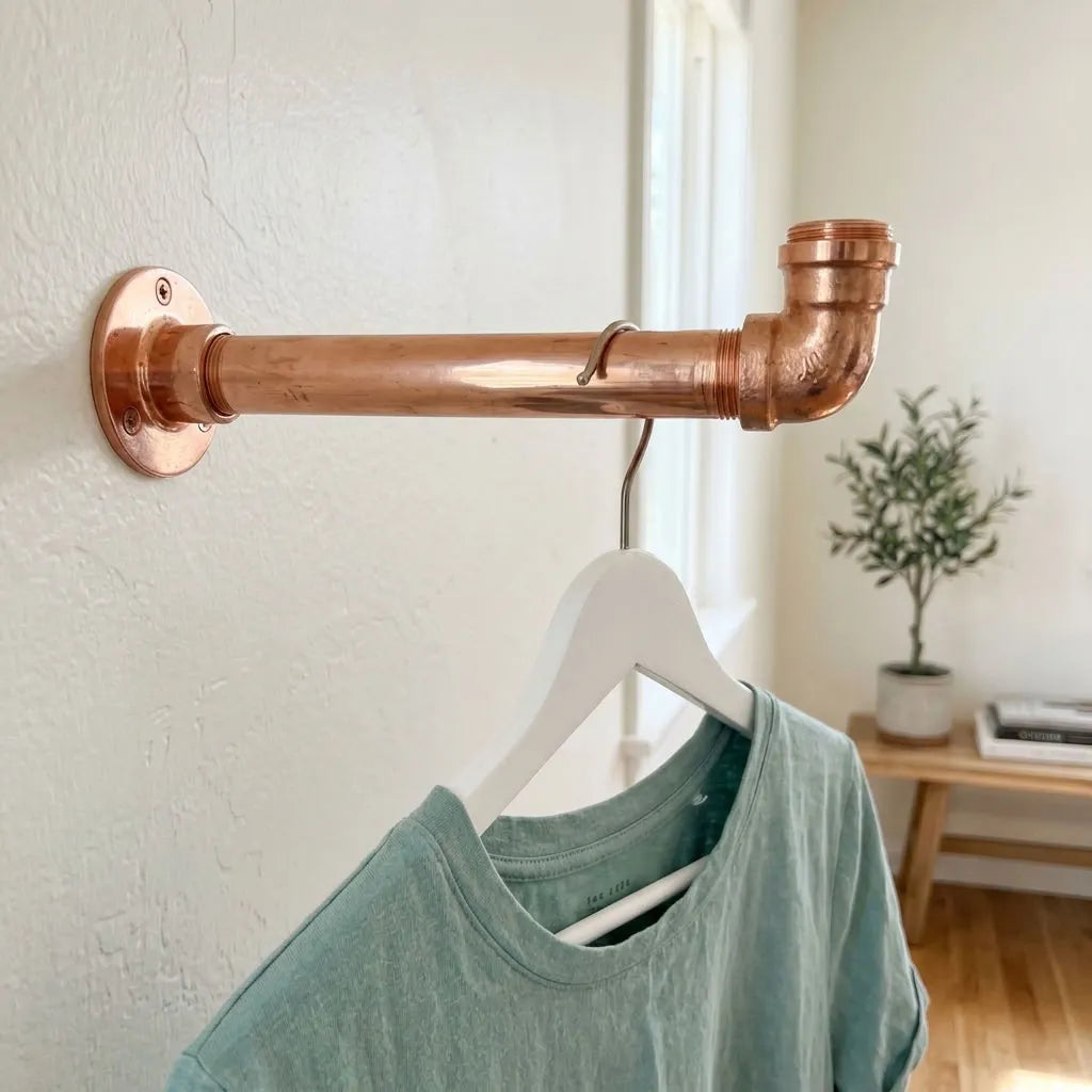Shiny Copper Wall-Mounted Clothes Rail with Shelf