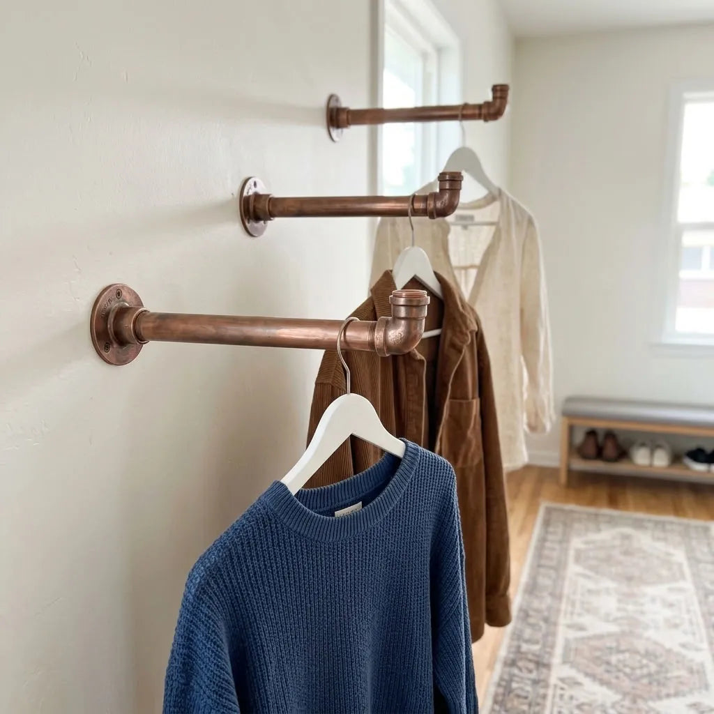 Aged Copper Wall-Mounted Clothes Rail with Shelf