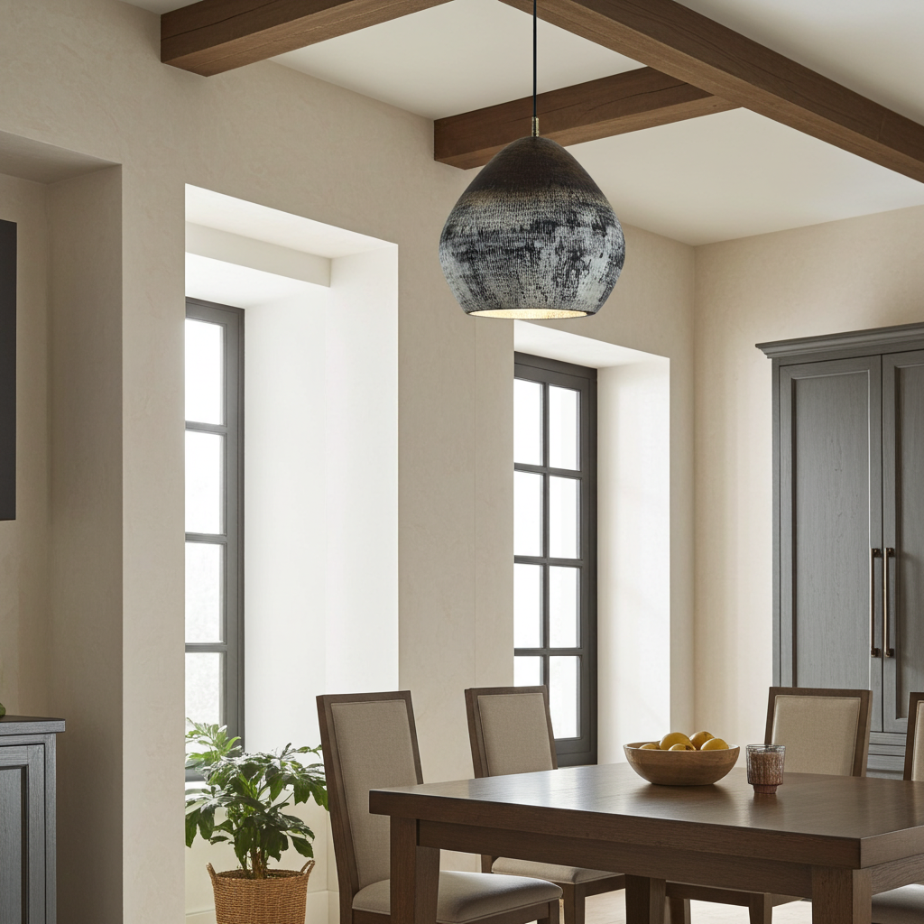 Oxidized copper dome pendant light above a wooden dining table