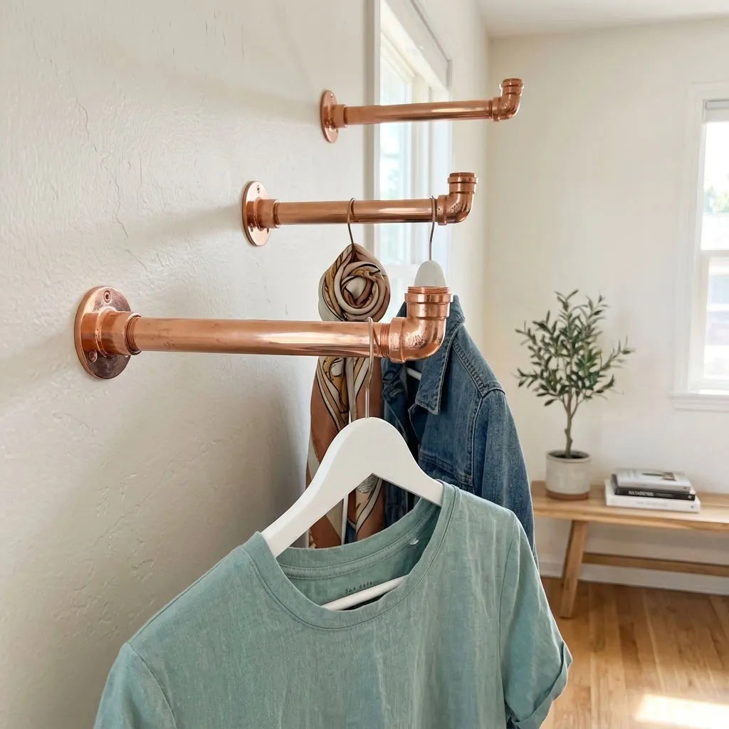 Shiny Copper Wall-Mounted Clothes Rail with Shelf