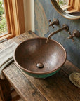 Handcrafted Hammered Copper Sink Vessel, Green Patina Round Countertop Basin