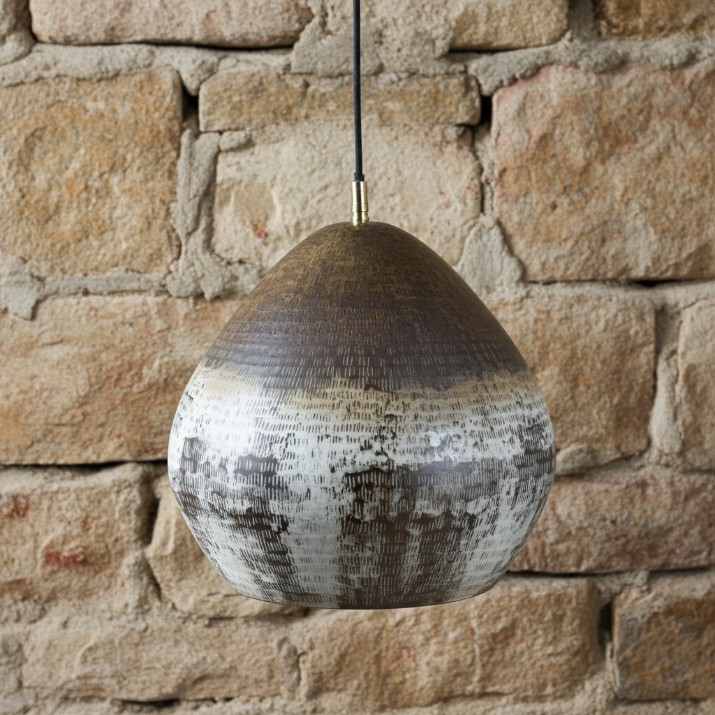 Close-up of the textured oxidized finish on a copper dome pendant