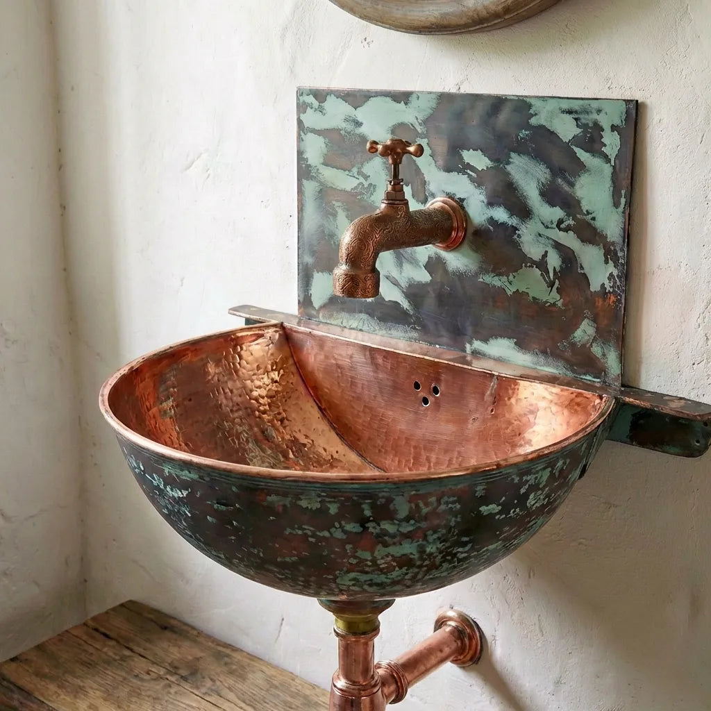 Copper sink with green patina and brass faucet against a white wall.