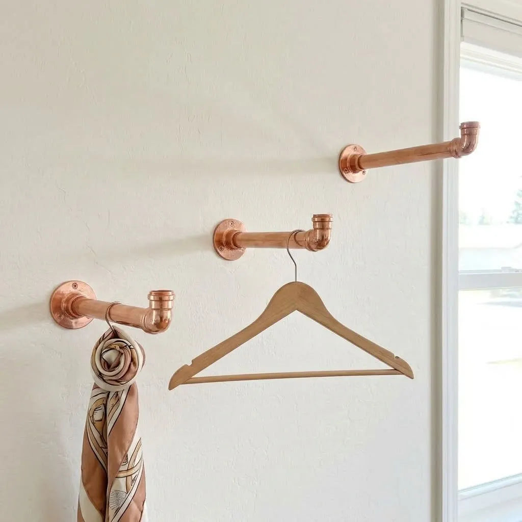 Shiny Copper Wall-Mounted Clothes Rail with Shelf