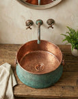 Bucket Vessel Sink Green patina Copper Bathroom Sink with Handles