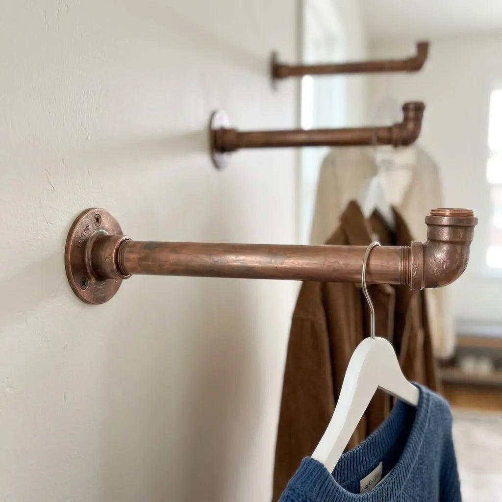 Aged Copper Wall-Mounted Clothes Rail with Shelf