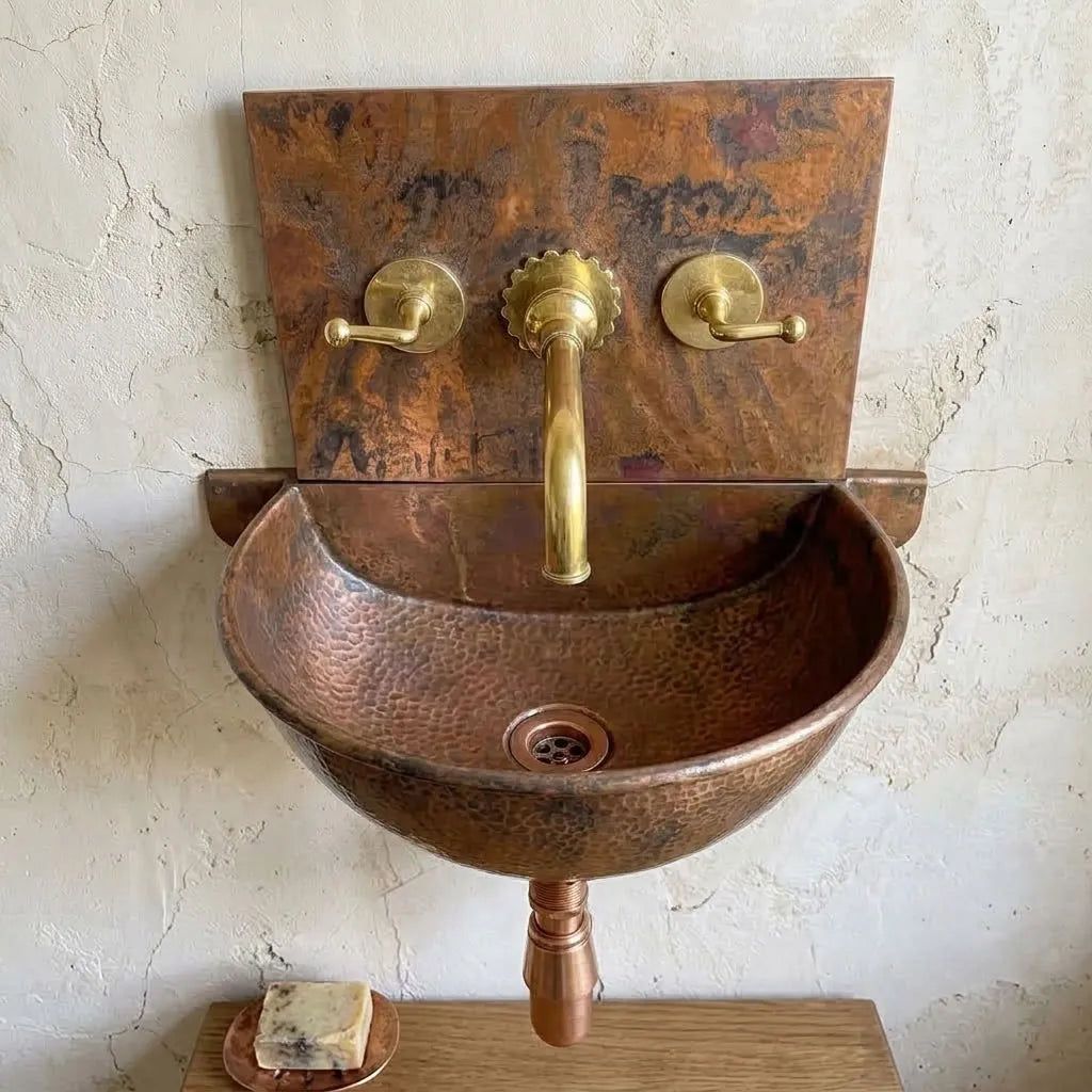 Hammered Copper Wall-Mounted Bathroom Sink with Backplate