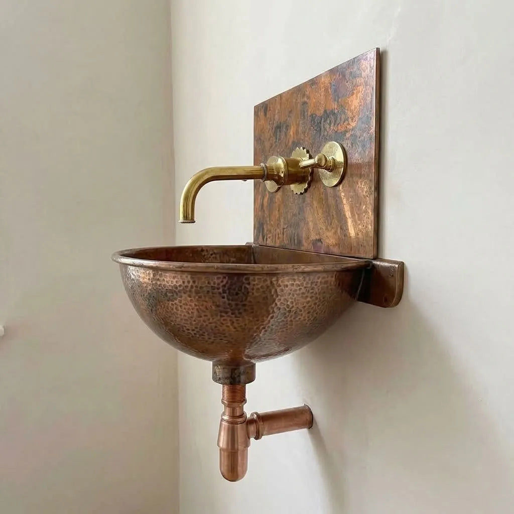 Hammered Copper Wall-Mounted Bathroom Sink with Backplate