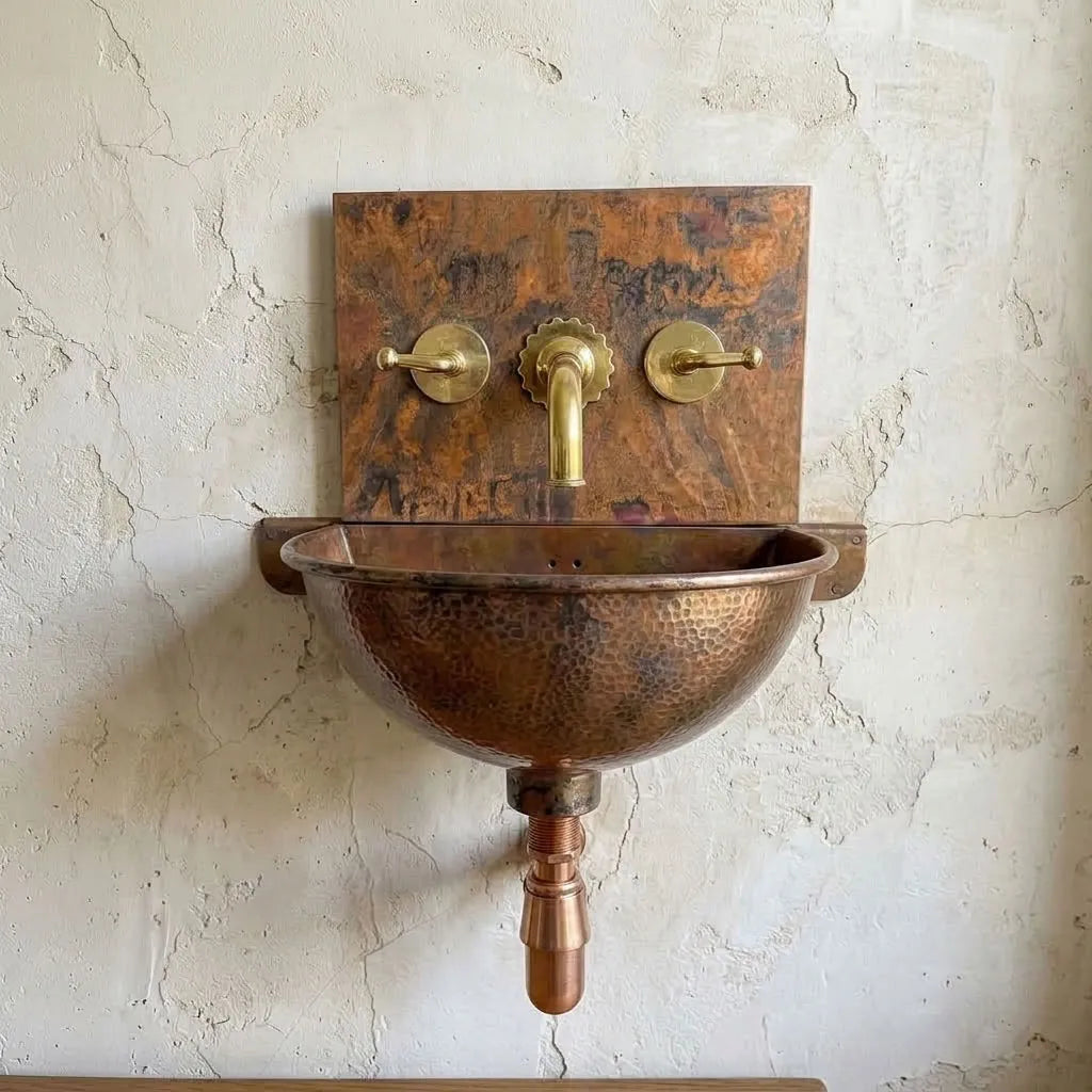 Hammered Copper Wall-Mounted Bathroom Sink with Backplate