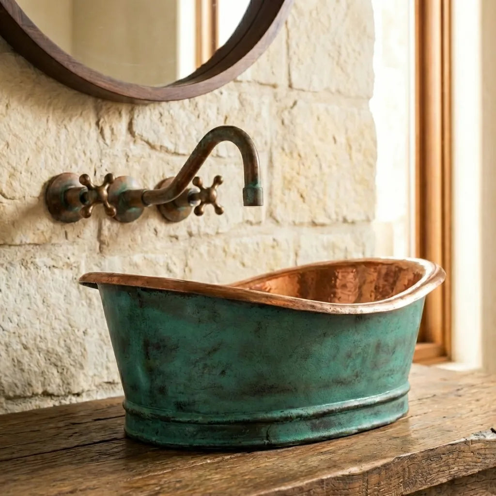 Aged Copper Vessel Sink Tub Style, Oxidized Copper Sink Bathroom