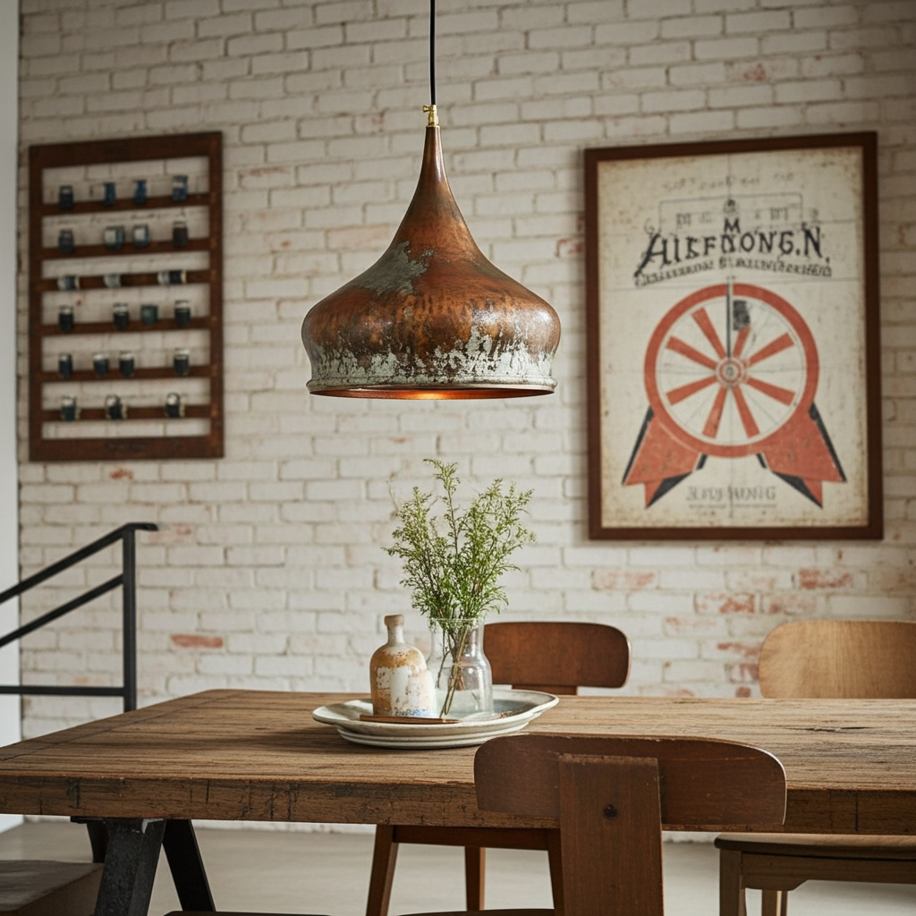 Dining area with wooden table, chairs, and pendant light against a brick wall.